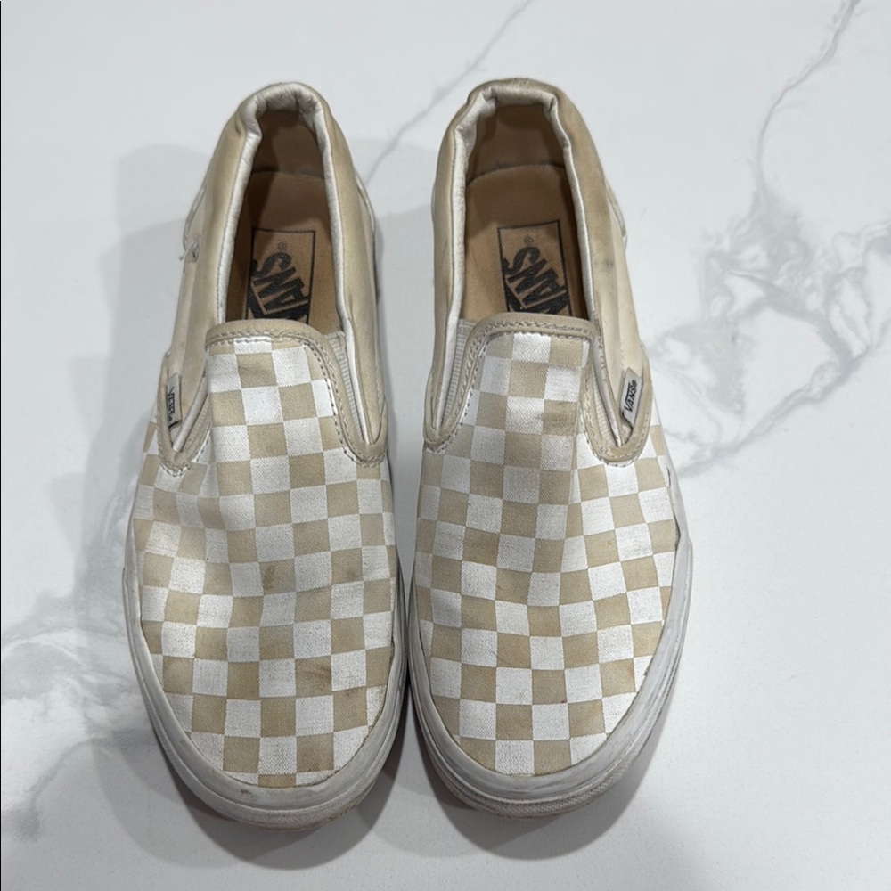 Vans Beige and White Checkerboard Slip-Ons